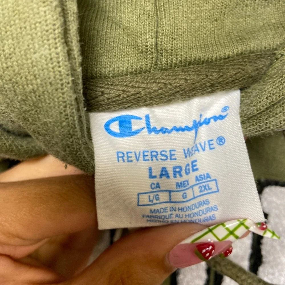 VTG Champion Reverse Weave Hoodie Mens Large Olive Green Logo Drawstring